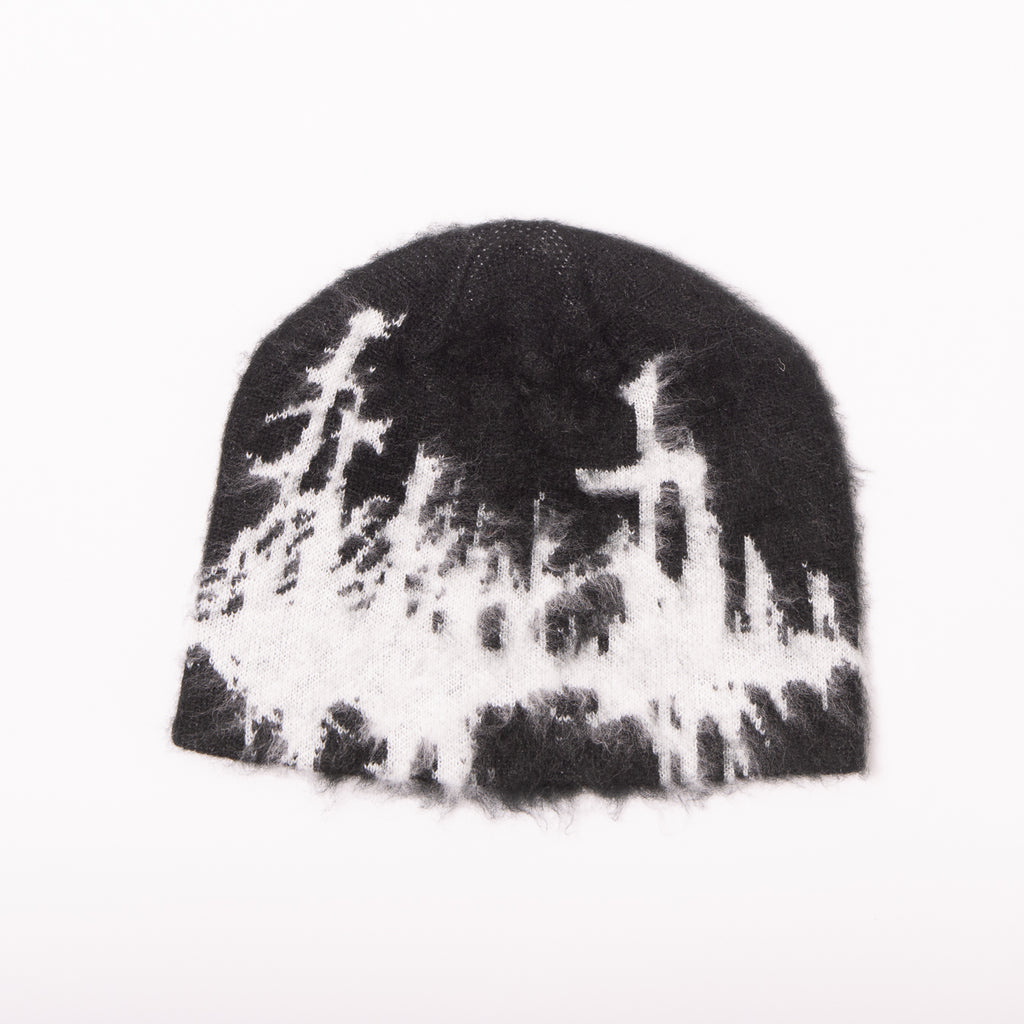 FAUX MOHAIR SKULL BEANIE BLACK / WHITE