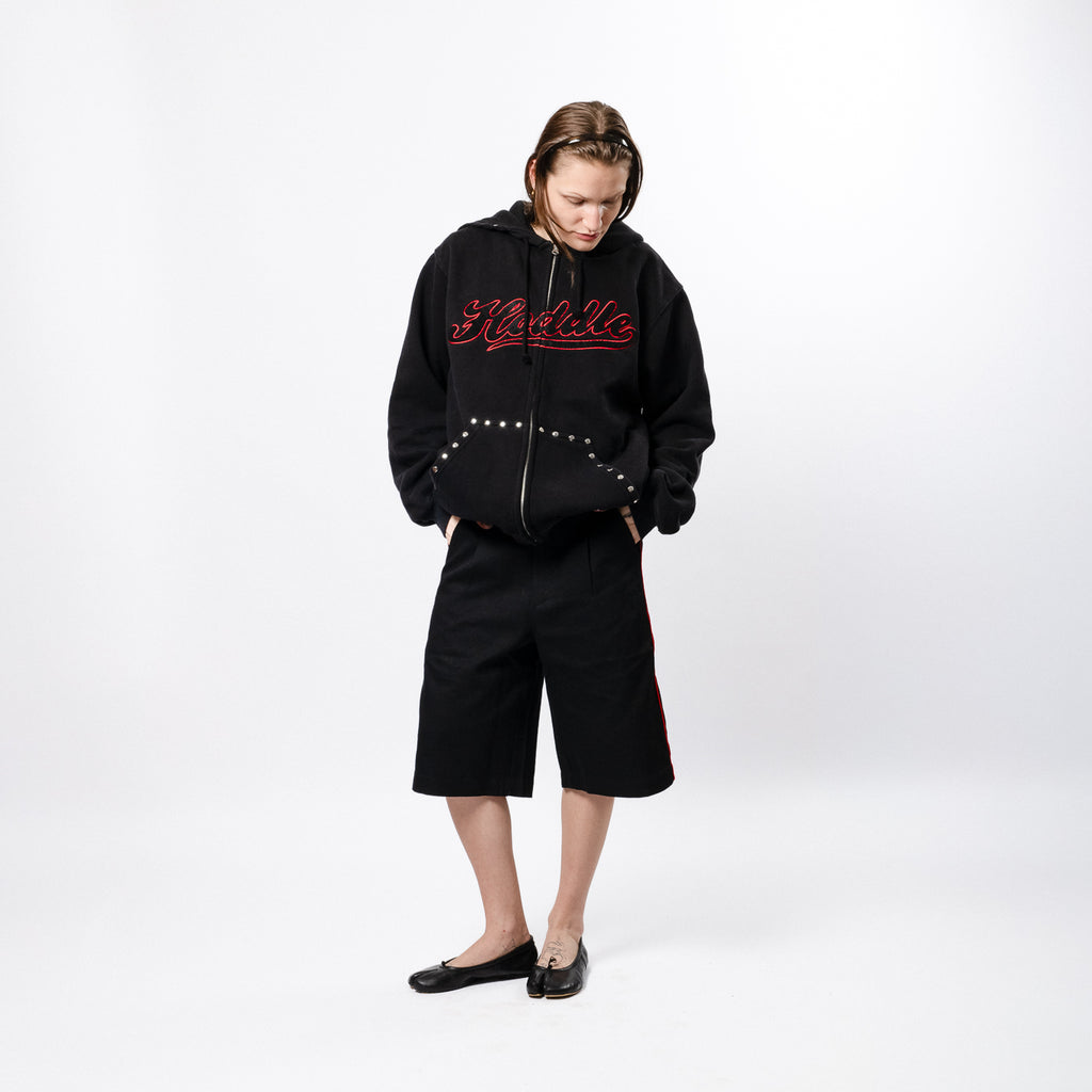 STUDDED INTARSIA SCRIPT ZIP UP HOODIE BLACK