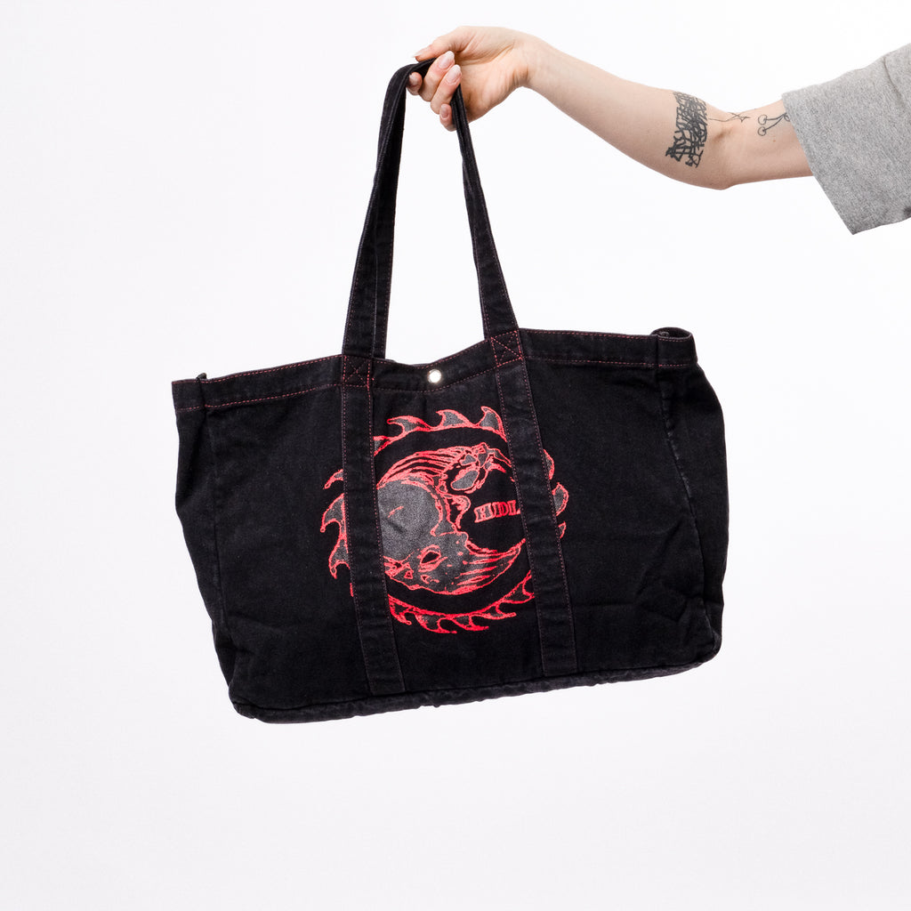 THUNDERDOME DENIM TOTE BAG - BLACK DENIM / RED CONTRAST STITCH