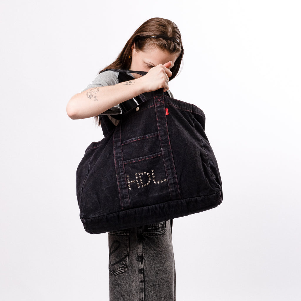 THUNDERDOME DENIM TOTE BAG - BLACK DENIM / RED CONTRAST STITCH