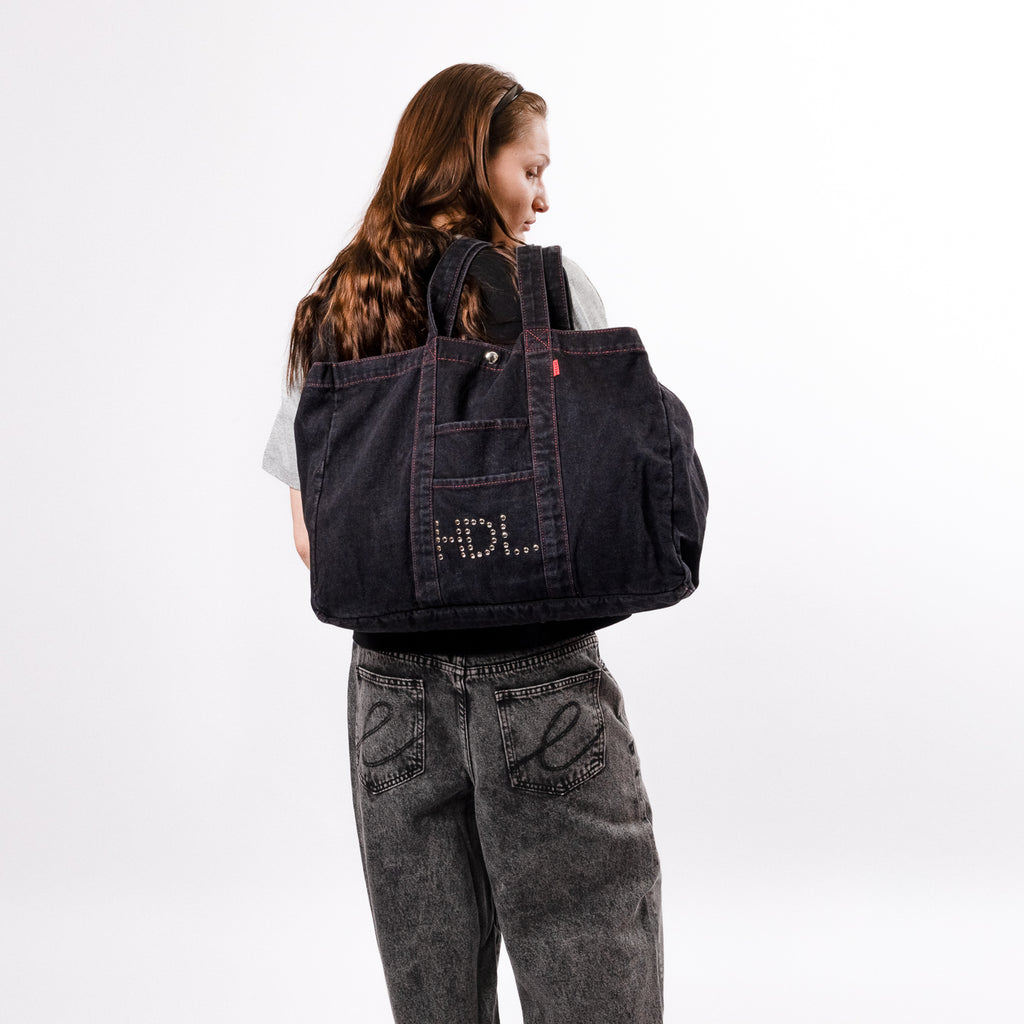 THUNDERDOME DENIM TOTE BAG - BLACK DENIM / RED CONTRAST STITCH