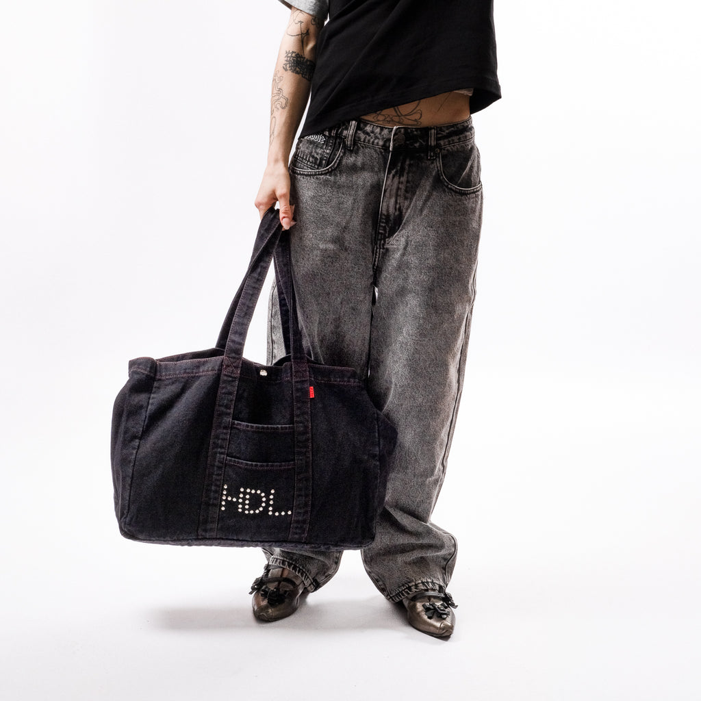 THUNDERDOME DENIM TOTE BAG - BLACK DENIM / RED CONTRAST STITCH